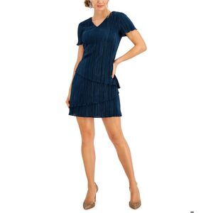 Connected Apparel Womens Pleated Tiered Sheath Dress, Blue, NWT